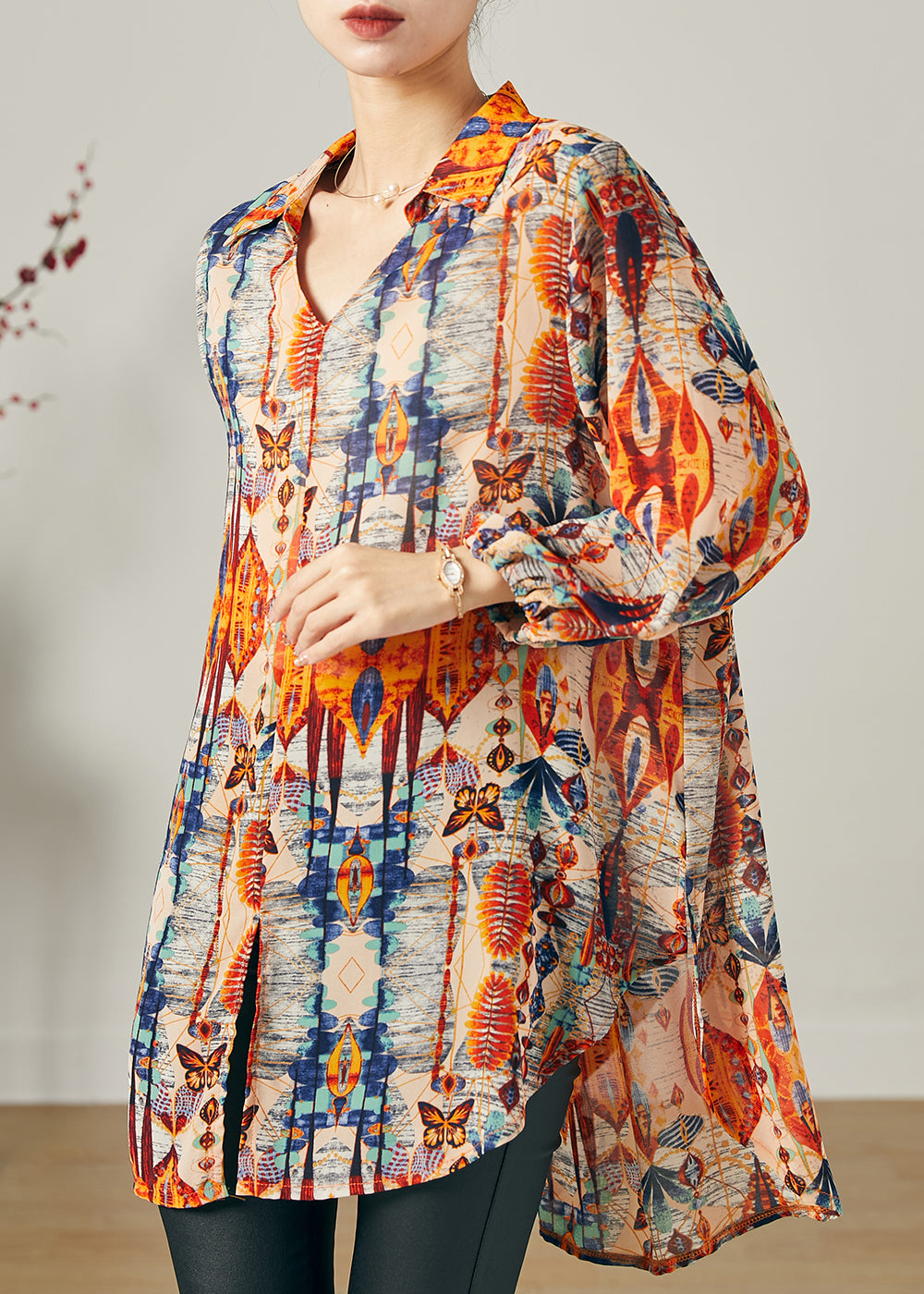 Natural Navy Print Side Open Chiffon Top Summer
