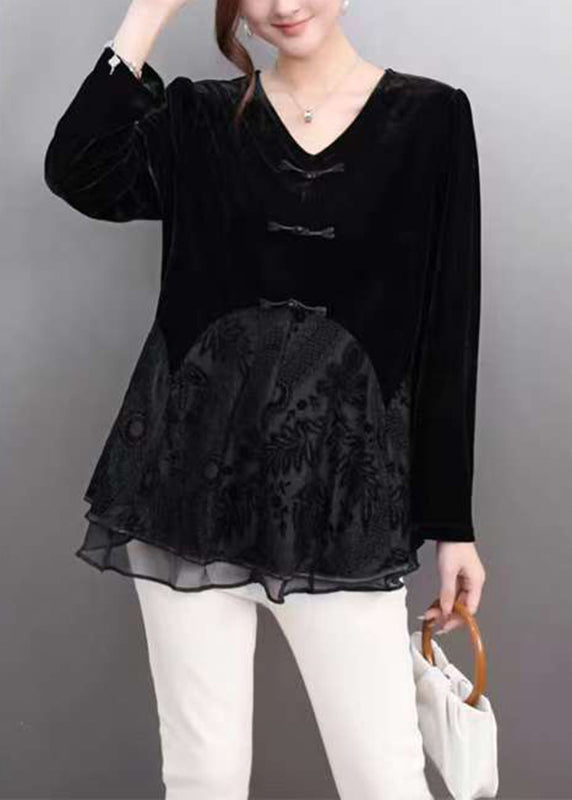Red V Neck Lace Patchwork Silk Velour Top Spring