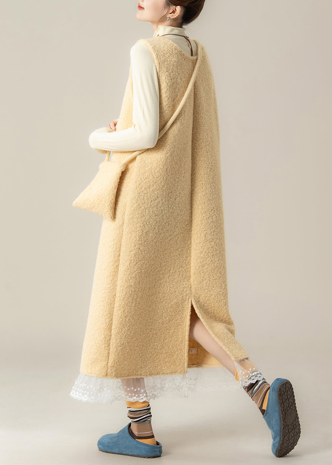 Slim Fit Yellow U Neck Back Side Open Lace Patchwork Woolen Two Pieces Set Spring