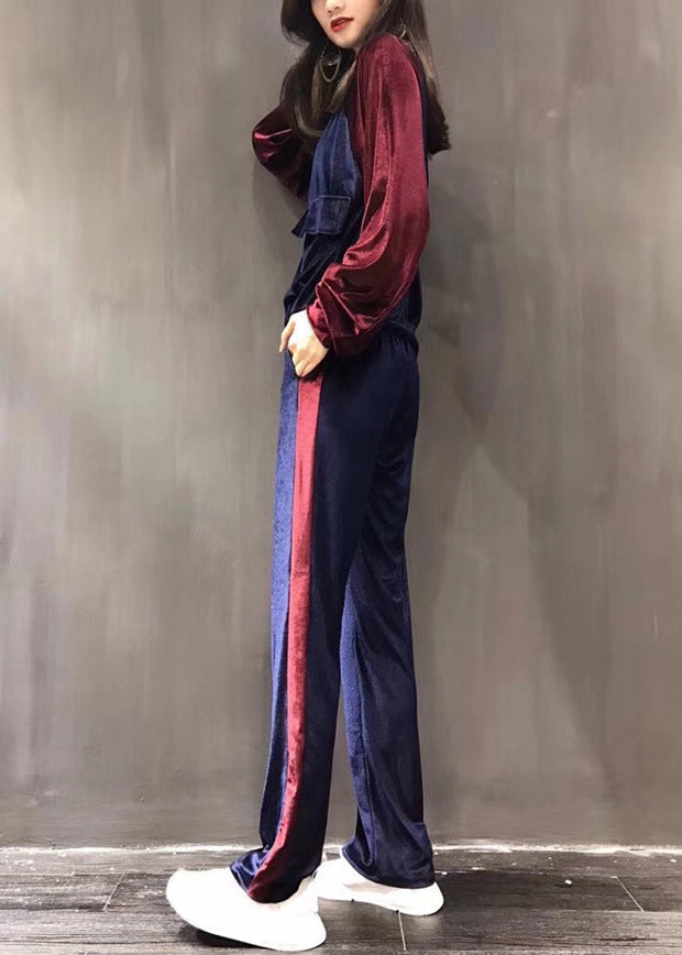 Purple Stand Collar Silk Velour Coats and Wide Leg Pants Two Pieces Set Fall