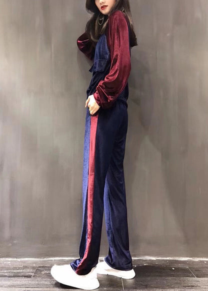Purple Stand Collar Silk Velour Coats and Wide Leg Pants Two Pieces Set Fall