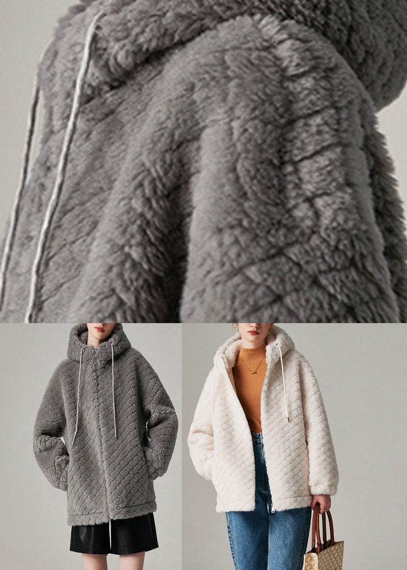 White Zippered Faux Fur Hooded Coat Winter