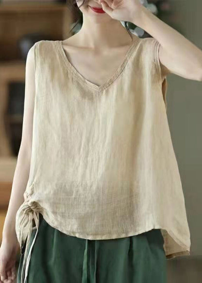 Pink V Neck Lace Up Cotton Tank Sleeveless