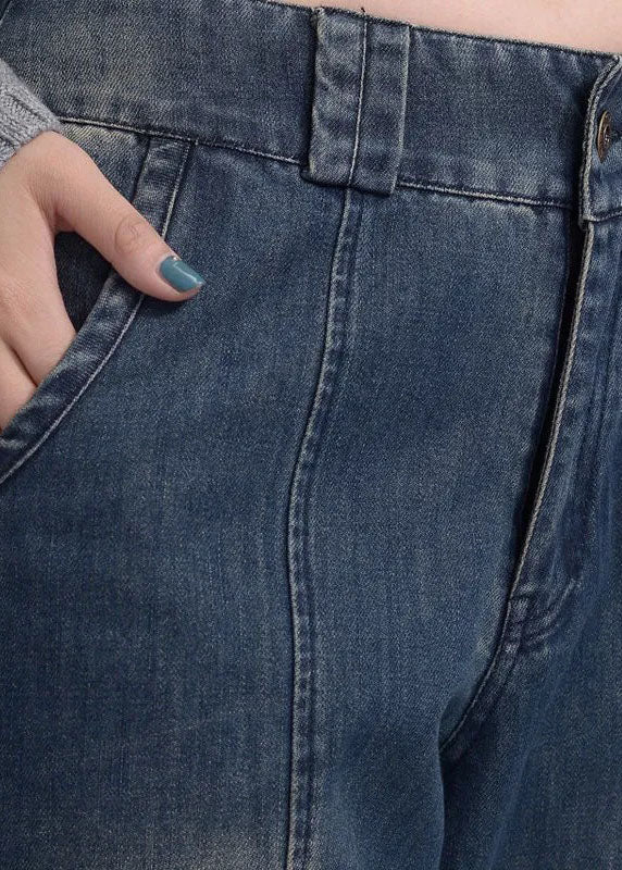 French Navy Button Pockets Lantern Fall Denim Pants