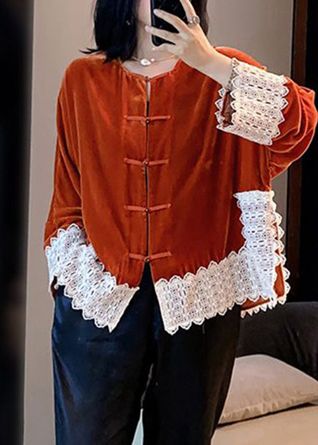 Orange Lace Patchwork Silk Velour Coats Long Sleeve