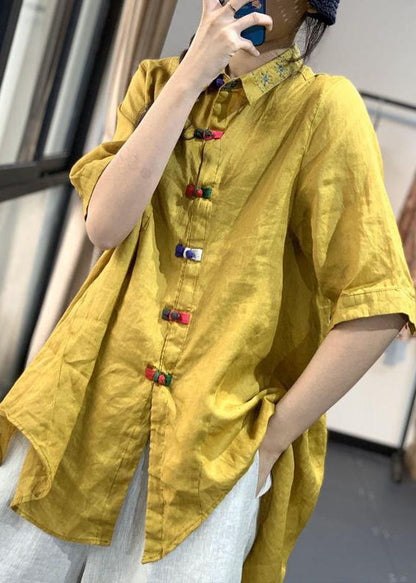Red Chinese Button Low High Design Linen Shirt Tops Summer