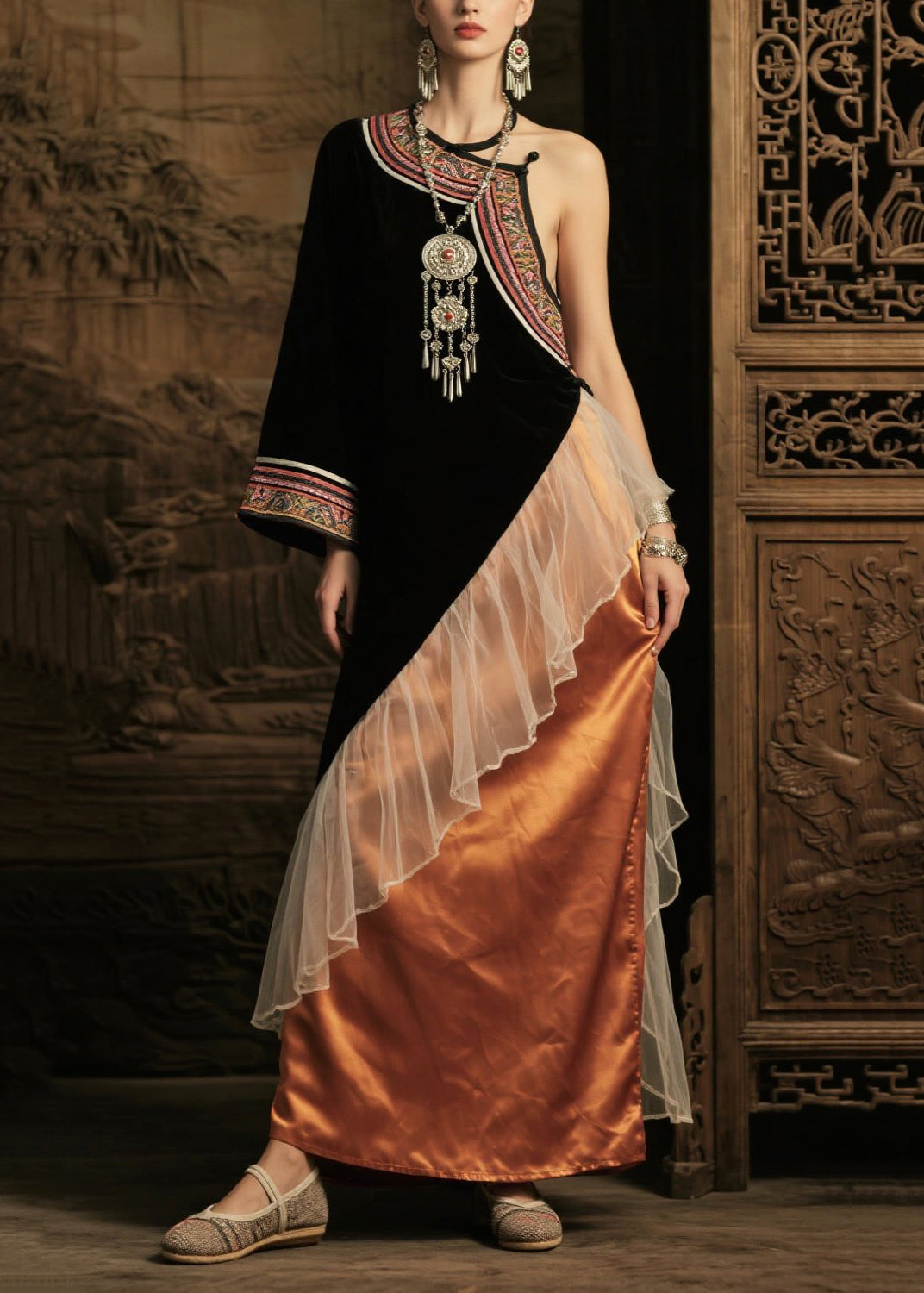 Style Black Asymmetrical Patchwork Silk One Shoulder Dress Summer