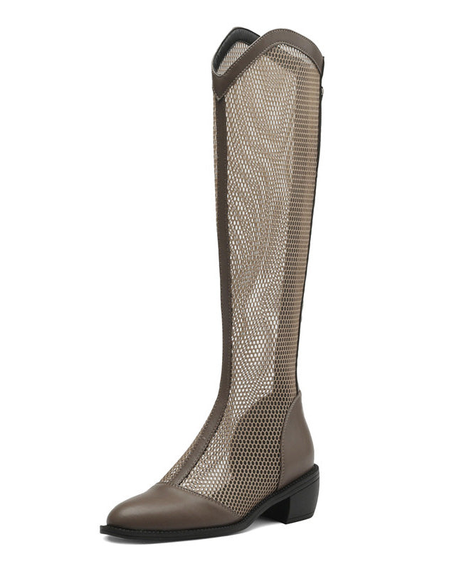 Khaki Hollow Out Chunky Faux Leather Splicing Boots