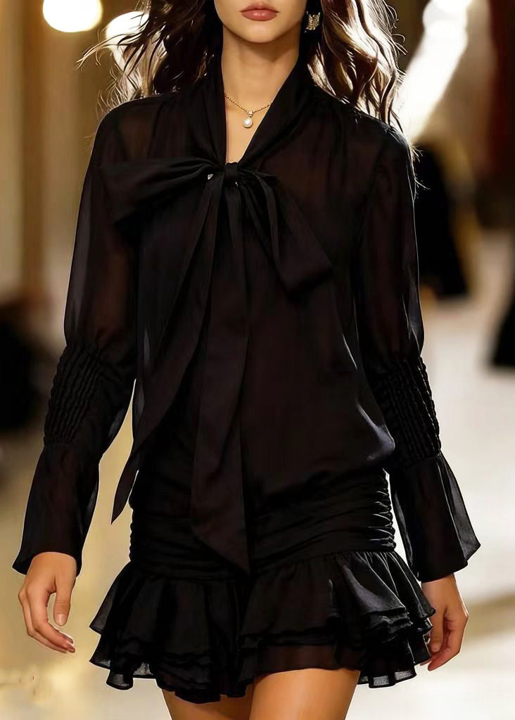 Black Bow Wrinkled Chiffon Shirt Dress Spring