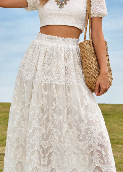 Fine White Lace Embroidered Wrinkled Tulle Skirt Summer