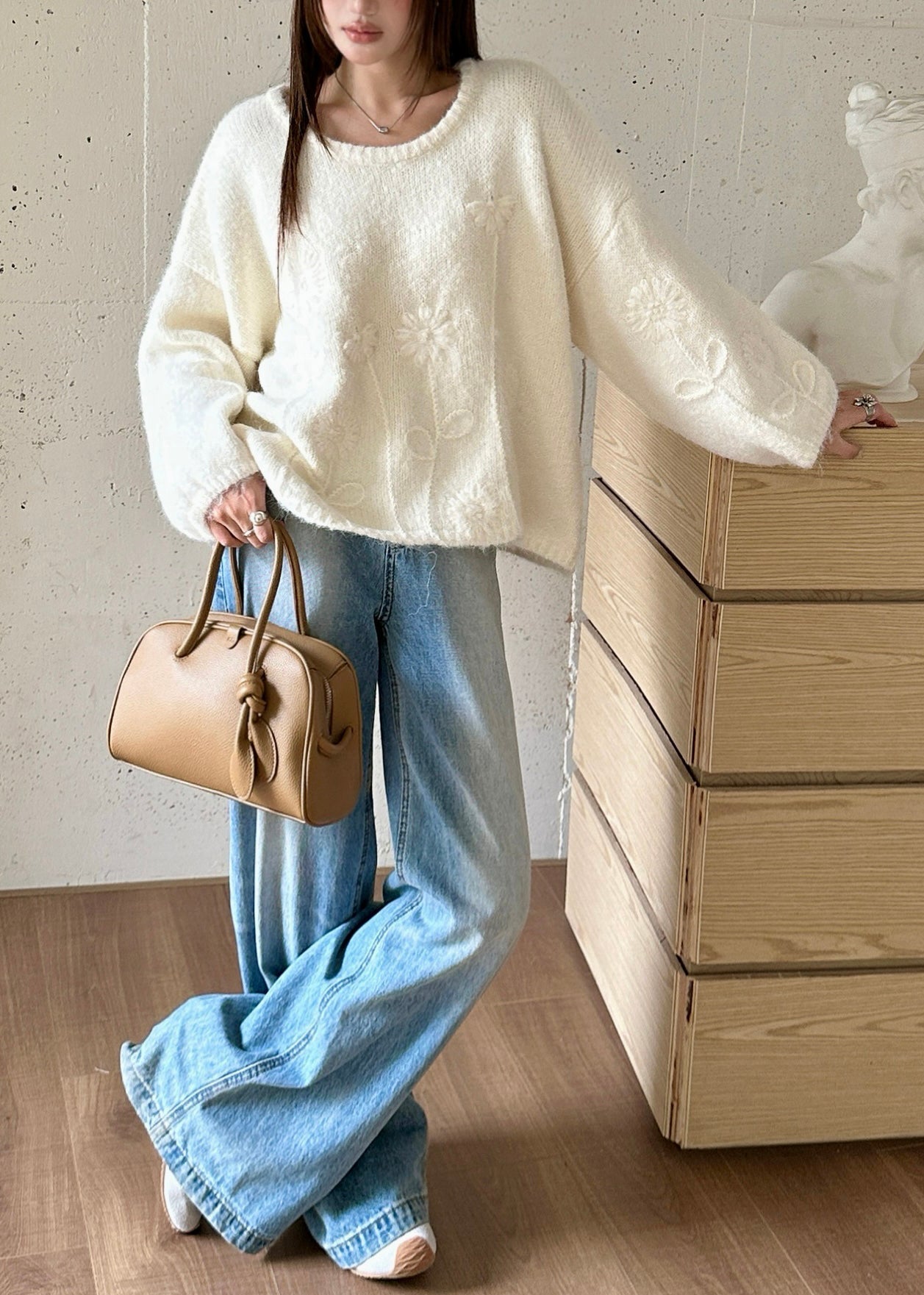 White Oversized Jacquard Knit Sweaters Winter
