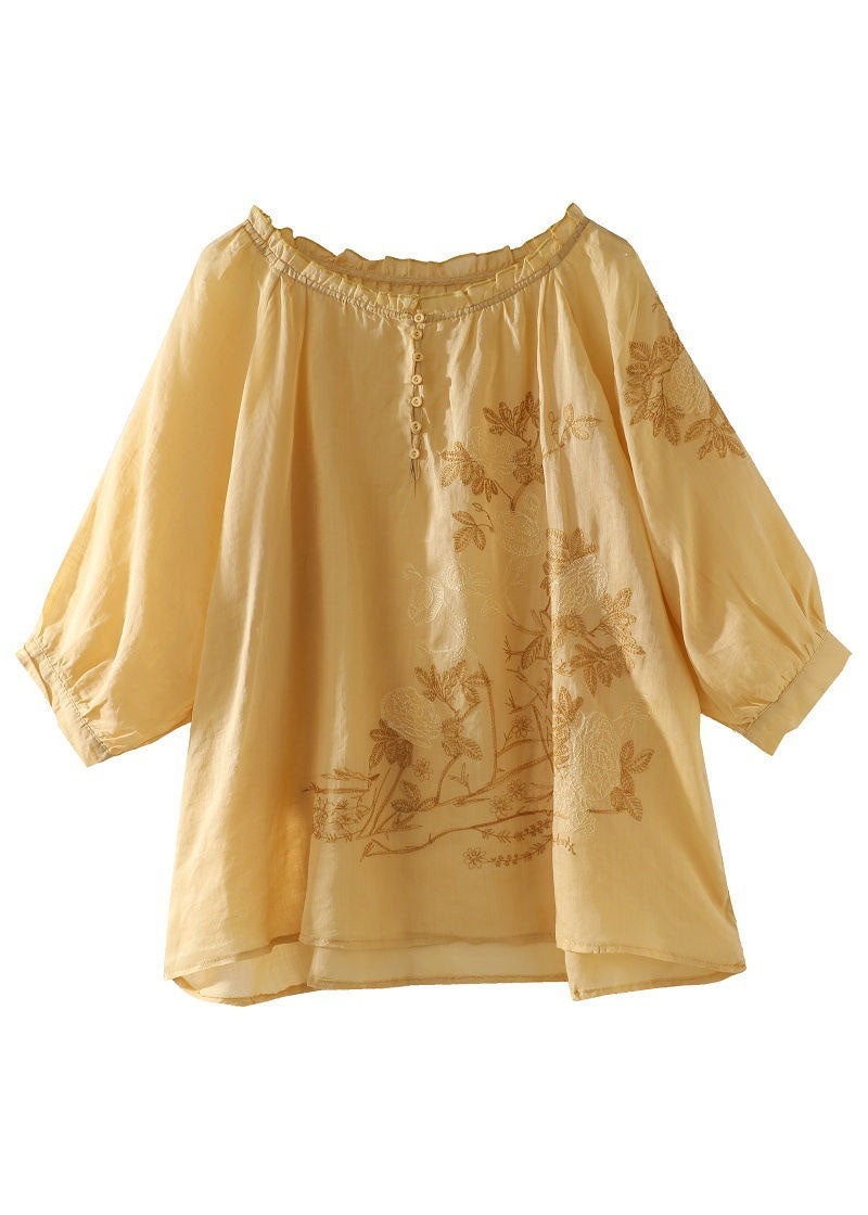 Yellow Ruffled Patchwork Linen T Shirt Tops Summer