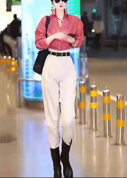 New Red Striped Shirts and White Pants Cotton Two Pieces Set Long Sleeve