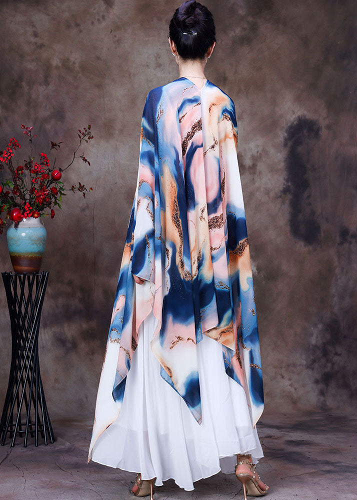 White Asymmetrical Design Tie Dye Chiffon Upf 50+ Top Batwing Sleeve