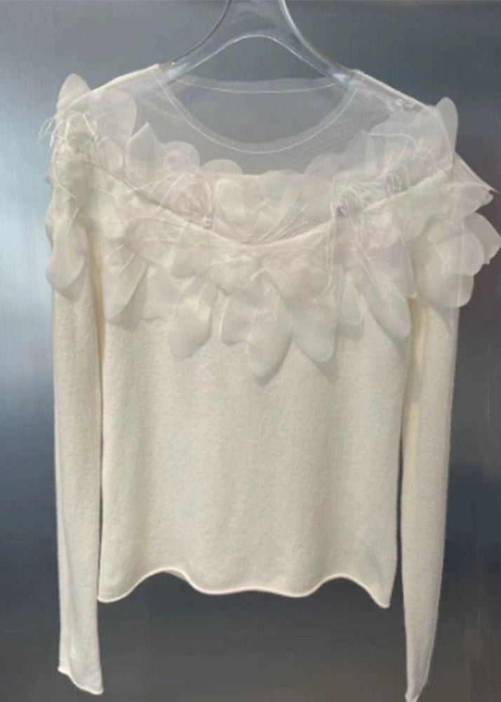 White Hollow Out Patchwork Knit Tops Spring