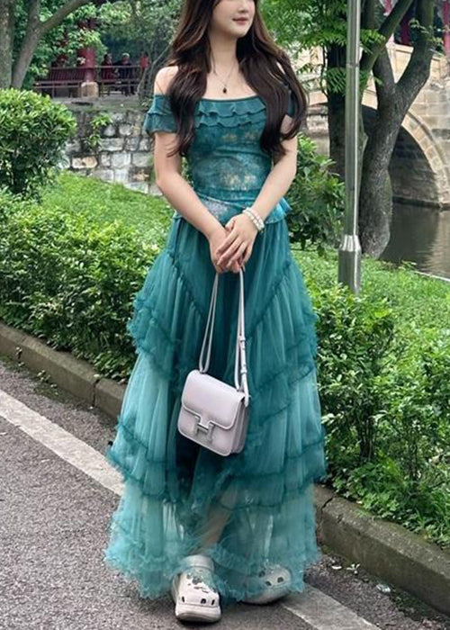 New Blue Slash Neck Tops and Ruffled Skirts Two Pieces Set Summer