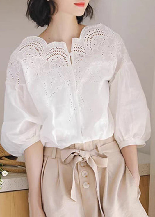 Unique White Hollow Out Shirts Puff Sleeve Summer