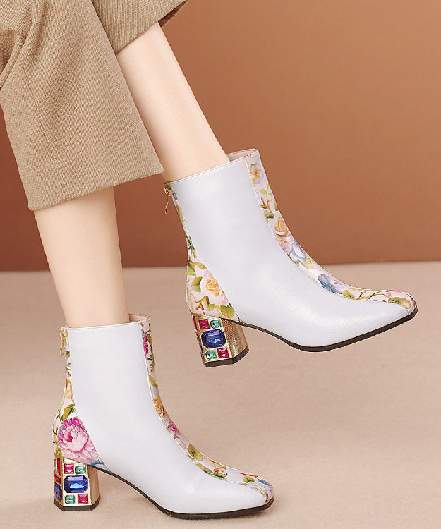 White Print Zircon Cowhide Leather Chunky Boots