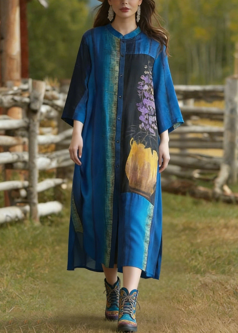 Loose Blue Stand Collar Button Print Silk Cardigans Summer