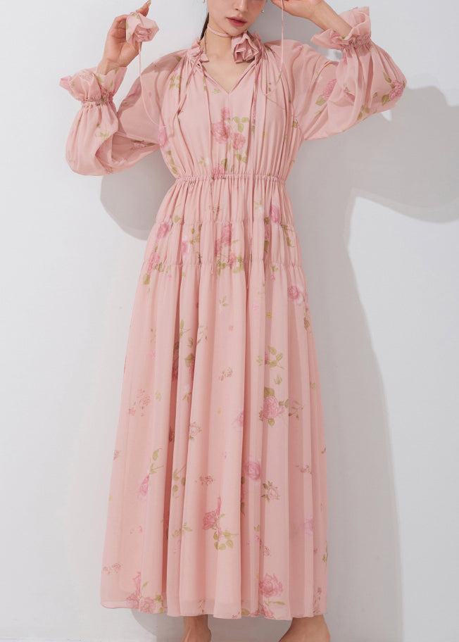 Pink Ruffled Print Lace Up Chiffon Dress Fall