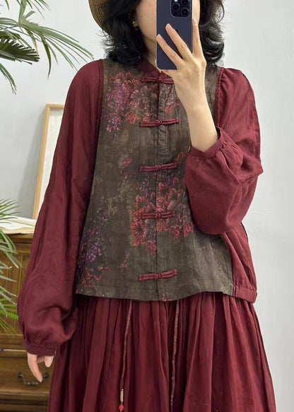 Red Button Print Patchwork Linen Shirts Long Sleeve