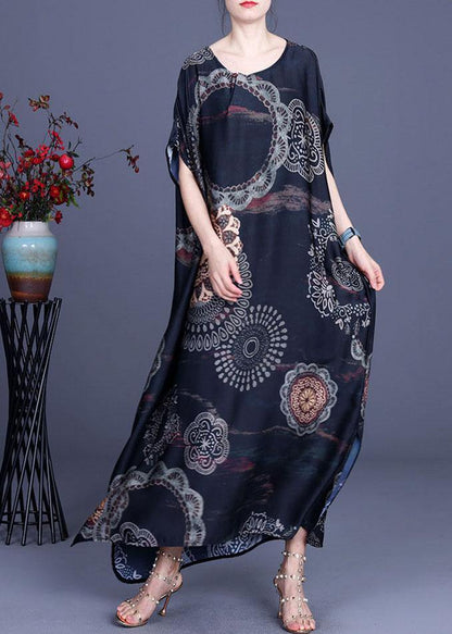Black Print Side Open Silk Summer Ankle Dress