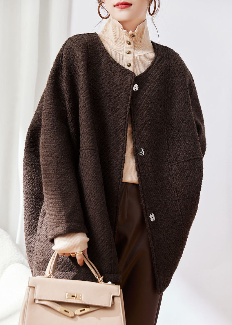 Coffee Button Patchwork Cozy Woolen Coat Fall
