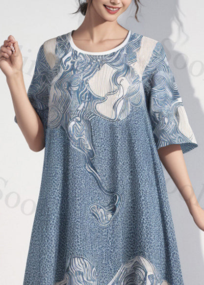 Fitted Blue Oversized Print Cotton Maxi Dresses Summer