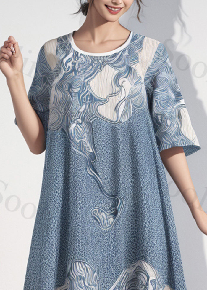 Fitted Blue Oversized Print Cotton Maxi Dresses Summer