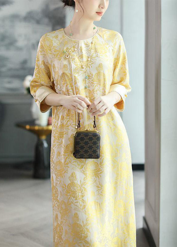 Yellow O Neck Tasseled Print Silk Dress Bracelet Sleeve