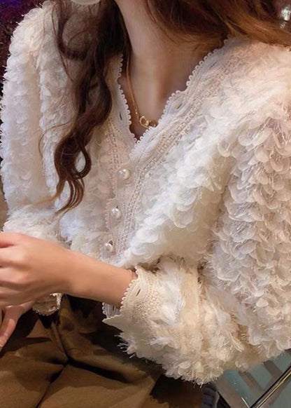 Diy Beige V Neck Pearl Button Fluffy Lace Patchwork Chiffon Shirts Long Sleeve