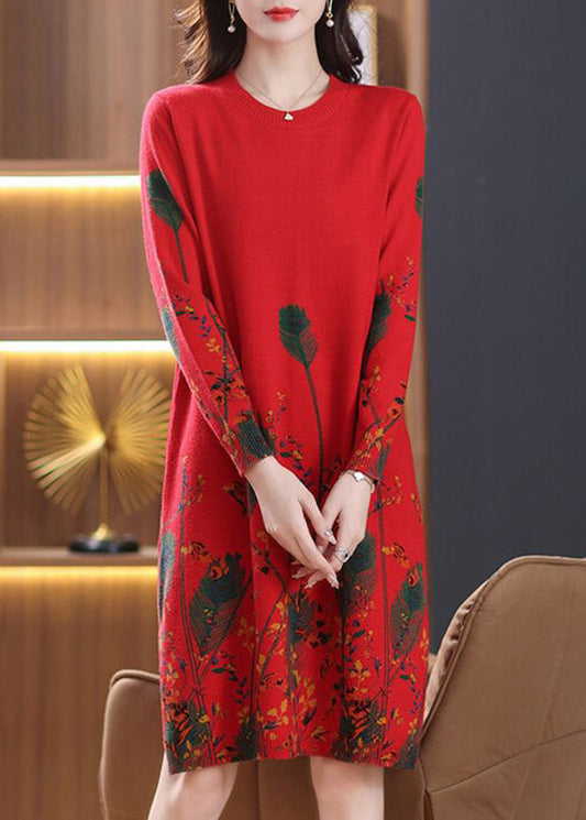 Red O Neck Print Knit Sweater Dress Fall