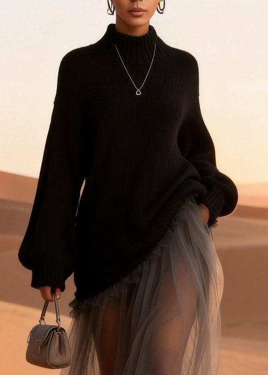 Black Turtleneck Knitted Cotton Patchwork Tulle Long Dresses Spring