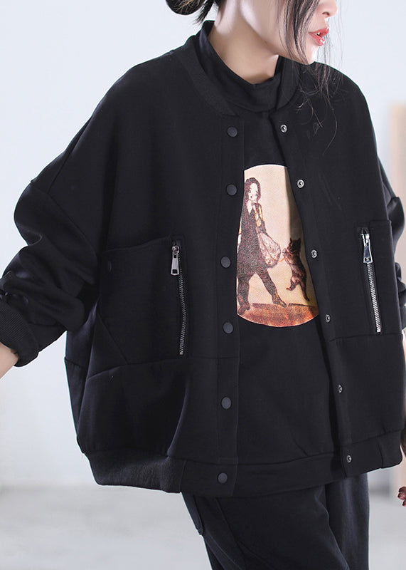 Loose Black O-neck Zippered Button Pockets Cotton Coats Long Sleeve