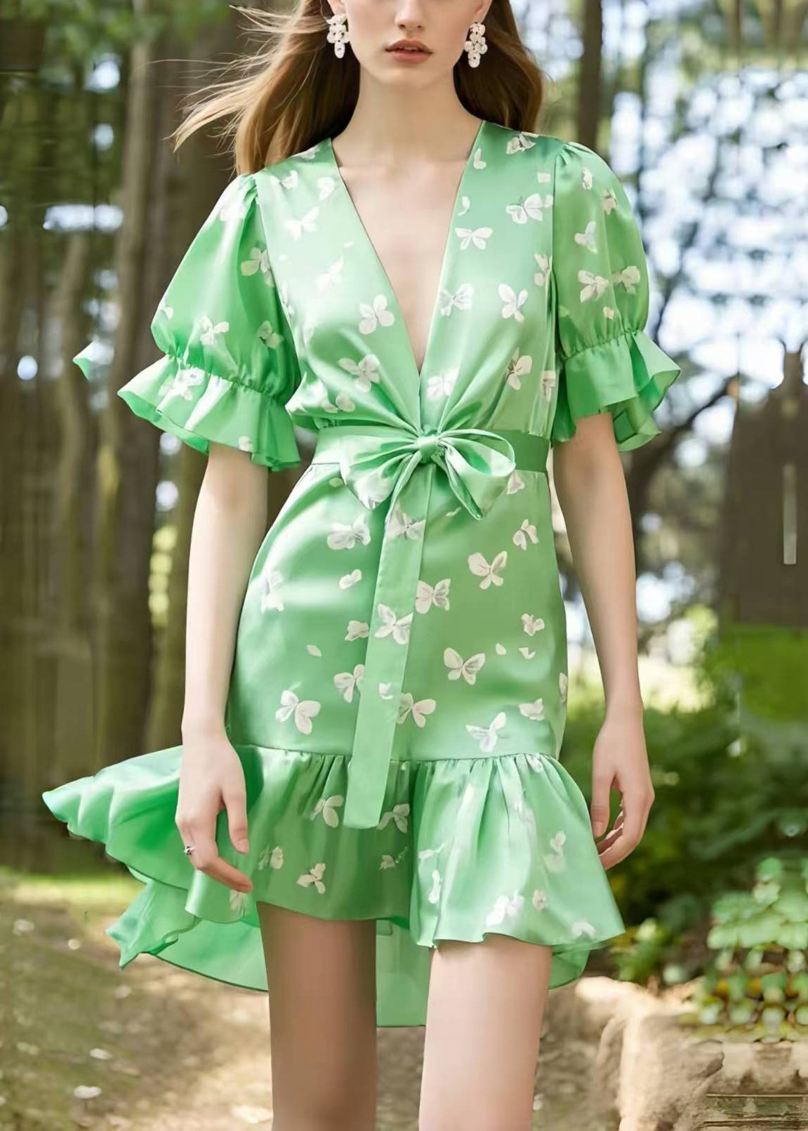 Light Green Puff Sleeve Butterfly Silk Day Dress