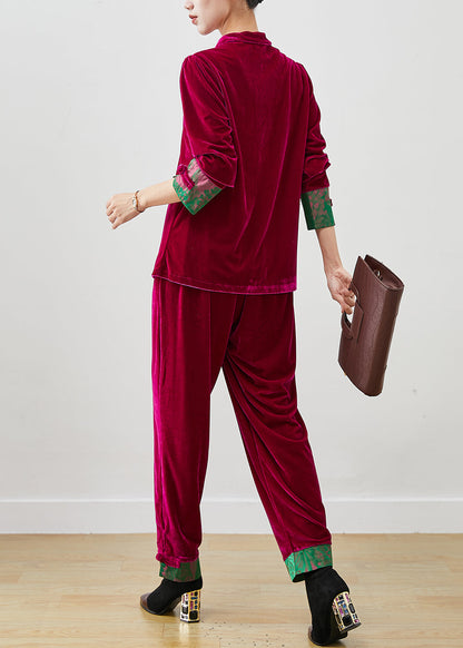 Rose Tie Waist Patchwork Silk Velour Two Pieces Set Spring
