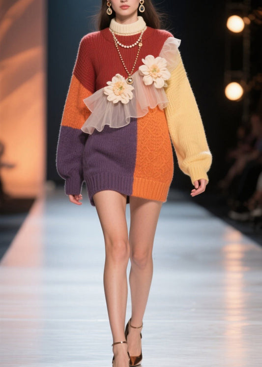 Italian Colorblock Hign Neck Tulle Knit Dress Winter