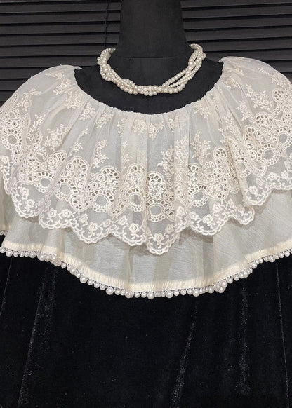 Fine Black Peter Pan Collar Patchwork Lace Silk Velour Shirt Fall