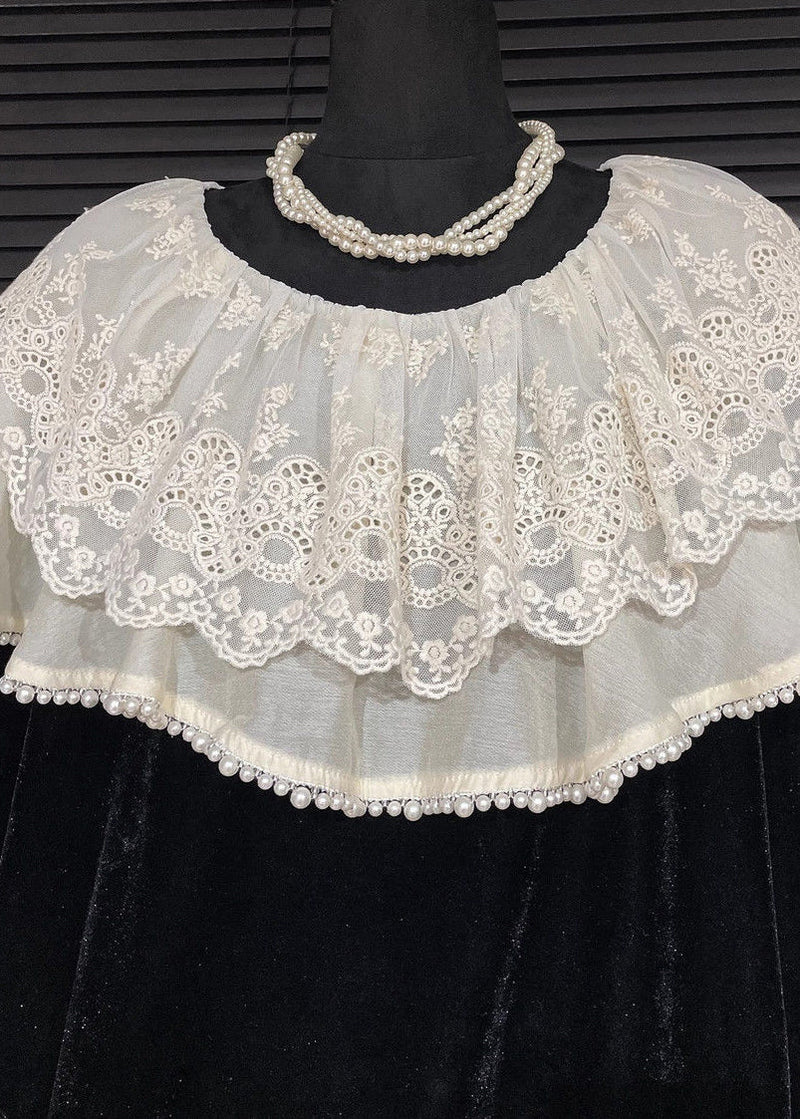 Fine Black Peter Pan Collar Patchwork Lace Silk Velour Shirt Fall
