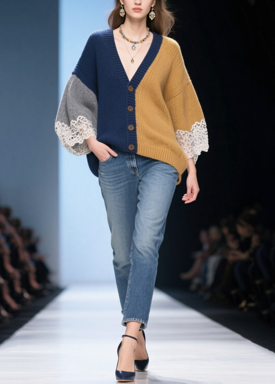 Art Colorblock Oversized Patchwork Lace Knit Cardigans Winter