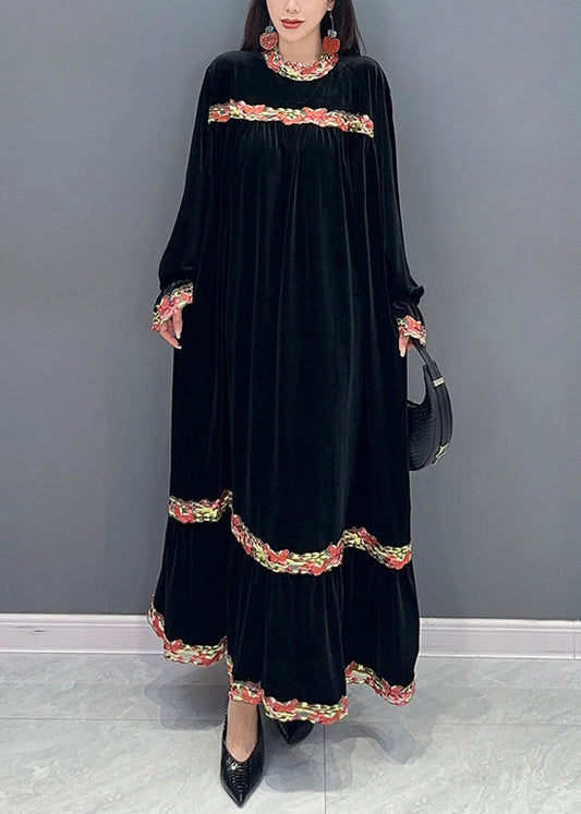 Black Patchwork Silk Velour Stand Collar Long Dress Spring