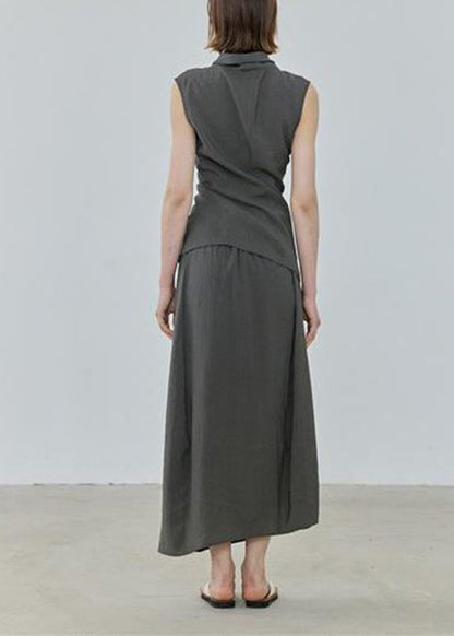 Simple Grey Asymmetrical Top and Maxi Skirts Two Pieces Set Summer