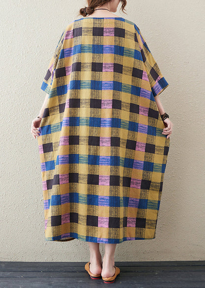 Yellow Plaid O Neck Print Cotton Long Dress Half Sleeve