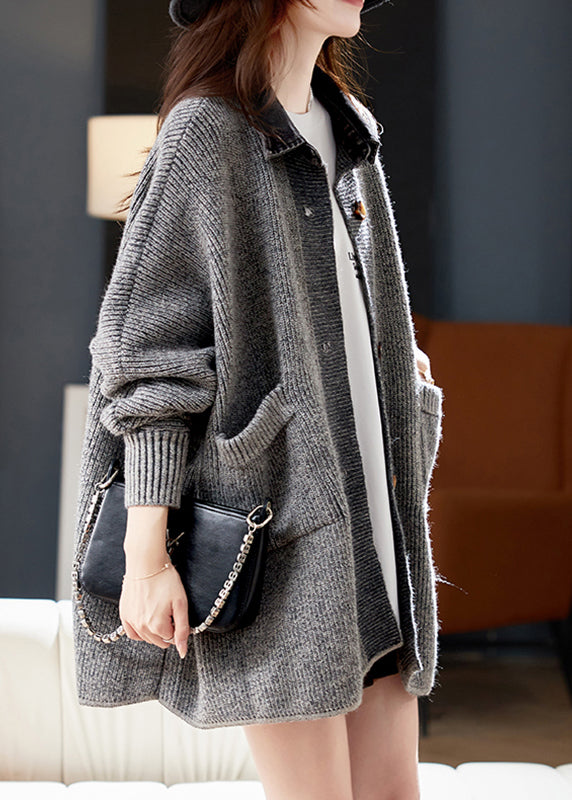 Grey Denim Patchwork Pockets Cotton Knit Cardigans Lantern Sleeve
