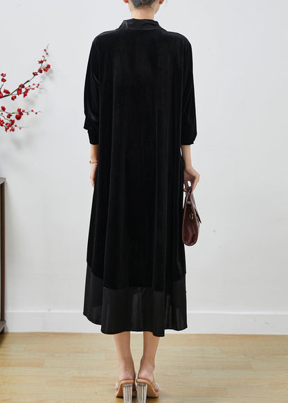 Black Peter Pan Collar Patchwork Silk Velvet Dresses Fall