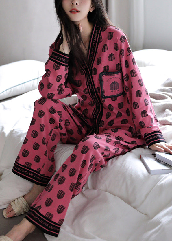 Rose V Neck Print Cotton Pajamas Two Pieces Set Fall