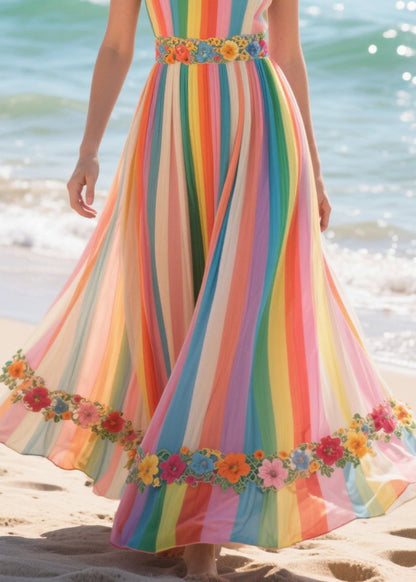 Rainbow Striped Patchwork Flower Chiffon Sundress Summer