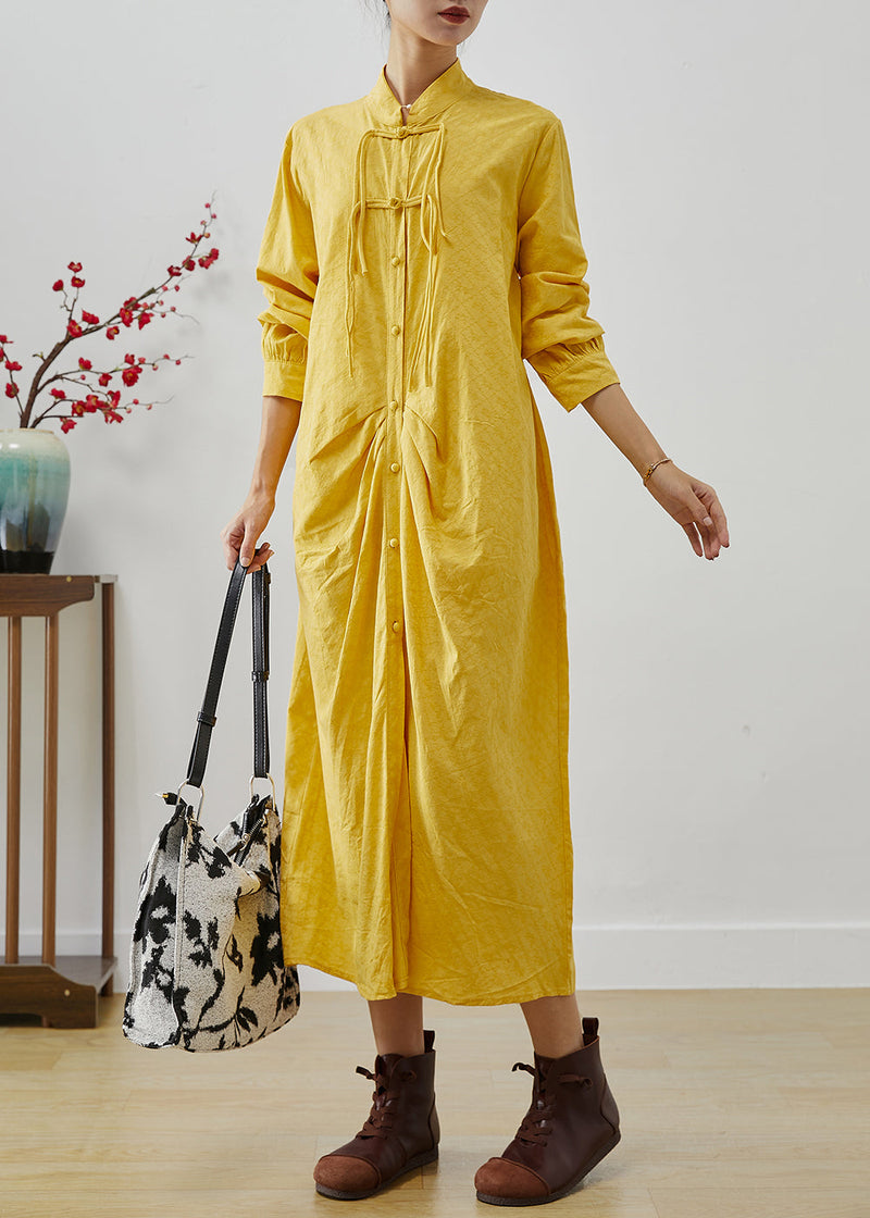 Yellow Tasseled Wrinkled Cotton Shirt Dress Fall