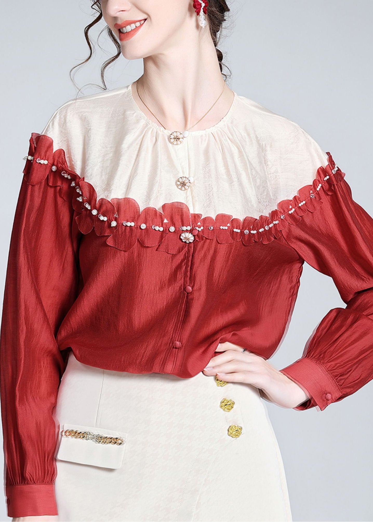 Red O-neck Patchwork Button Silk Shirt Long Sleeve