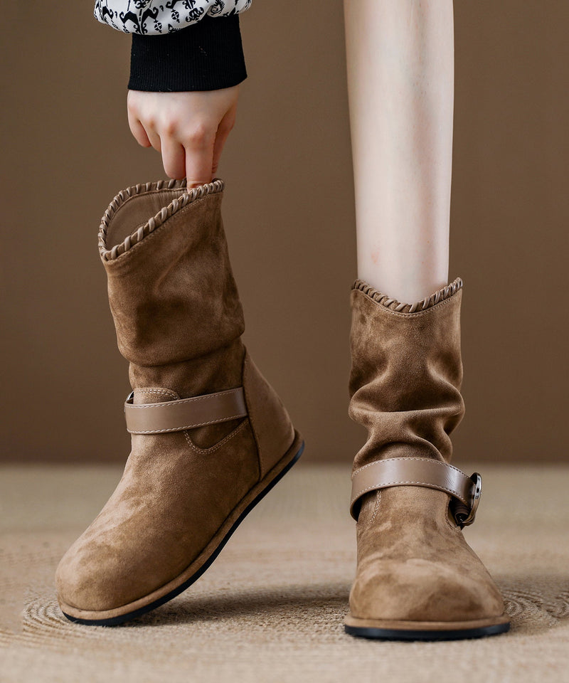 New Brown Suede Wrinkled Splicing Boots